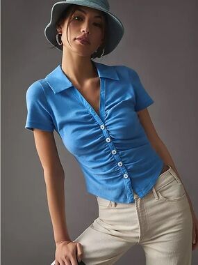 Anthropologie Blue Short-Sleeve Ruched Button-Front Shirt
